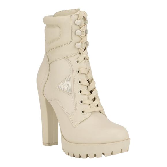GUESS Women's Tanisa High Heeled Lace Up Platform Hiker Booties Ivory Size 7 1/2 - Picture 1 of 5